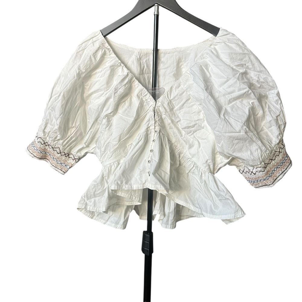 NWOT Free People Where We Meet Smocked Blouse Size L White embroidered boho crop